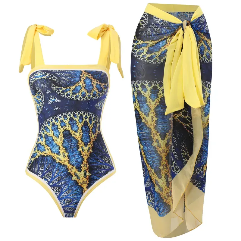 Chic Crane Print One-Piece Swimsuit & Skirt Set 2025 | Beach-Ready Bodysuit
